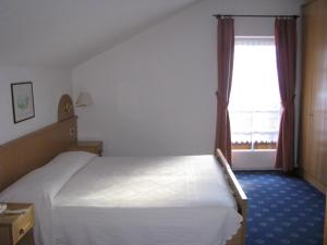 a hotel room with a bed and a window at Hotel Garnì Nès Crépes in Pozza di Fassa