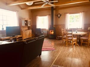 a living room with a couch and a table and a fireplace at Ferienhaus Brittsbo in Ramvik