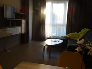 a living room with a couch and a table at Апартамент 13 in Hisarya