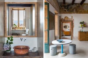 サレルノにあるStarhost - Trotula Charming Housesの洗面台とテーブル付きのバスルームの写真2枚
