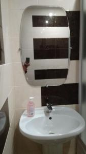 ein Badezimmer mit einem weißen Waschbecken und einem Spiegel in der Unterkunft 35 проспект Миру in Krywyj Rih