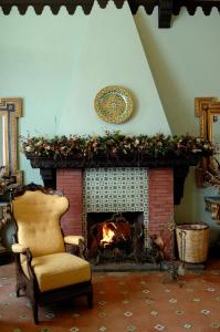 a living room with a fireplace with a chair and a fire place at Hotel Villa Dorata in Nicolosi