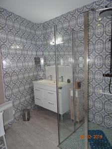 a bathroom with a shower and a sink at La ferme aux chats in Formigny +37 photos