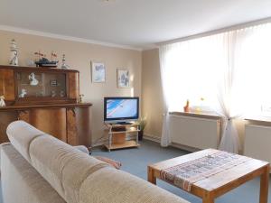 ein Wohnzimmer mit einem Sofa und einem TV in der Unterkunft Seesternchen in Groß Schwansee