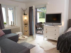 sala de estar con sofá y tocador con TV en Karwendel Apartments II en Scharnitz