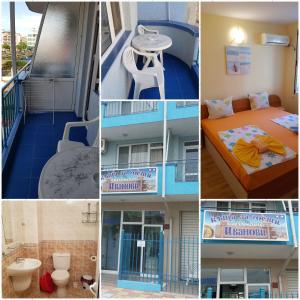 a collage of four pictures of a hotel room at Ivanovi Guest House in Primorsko