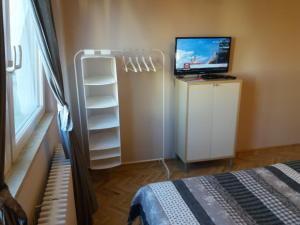 a bedroom with a bed and a tv and a shelf at Budanest Apartments in Budapest