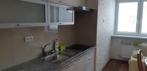 una pequeña cocina con fregadero y ventana en Ubytovanie Naďka, en Turčianske Teplice