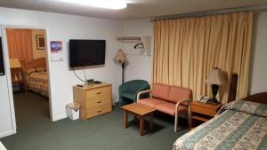 Cette chambre d'hôtel comprend une chambre avec un lit et une télévision. dans l'établissement Borealis Inn, à Fairbanks