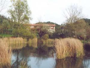 a bridge over a lake with a house in the background at Agriturismo Il Picchio Verde in Licciana Nardi