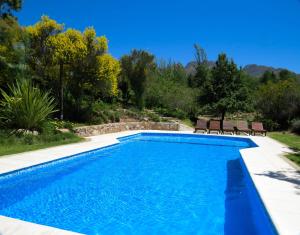 een zwembad met blauw water in een tuin met twee banken bij Cabanas Sumampa in Cacheuta