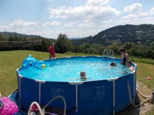 a group of people in a pool in a field at Dom Wschodzącego Słońca in Solina