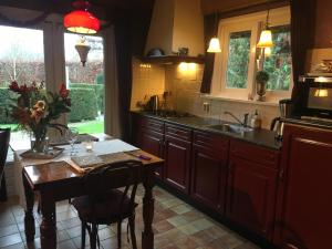 a kitchen with a table and a sink and a counter at Gastenverblijf Klein Eden in Olterterp