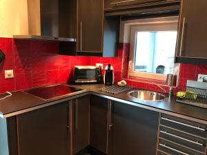 cocina con fregadero y azulejos rojos en Les Mouresses en Savièse