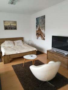 sala de estar con cama y silla blanca en Ida Apartman, en Miskolc