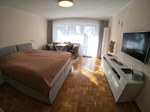 1 dormitorio con 1 cama, TV y mesa en Bonsai-Apartment III An der Hufeland Therme en Bad Pyrmont