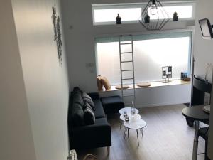 クレルモン・フェランにある2 Lofts Cosy de cachet idéalement situés au Centre Ville de Clermont-Ferrandのリビングルーム(黒いソファ、はしご付)
