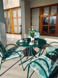 une table et des chaises vertes sur la terrasse dans l'établissement Apartma Špelca Banovci, à Banovci