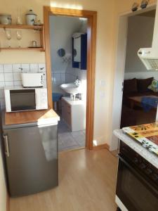 a small kitchen with a sink and a microwave at Haus Jensen in Werdum