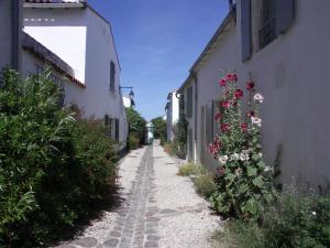 un callejón vacío con flores entre dos edificios en Appartement Liseron, en Saint-Martin-de-Ré