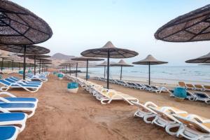 a row of chairs and umbrellas on a beach at Chalet in Pyramids Porto Sokhna in Ain Sokhna