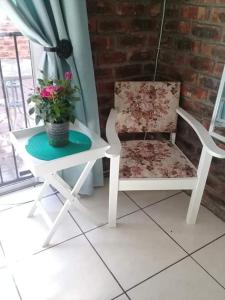 two chairs and a table with a potted plant at Coral Tree Guest Rooms in Worcester
