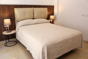 ein Schlafzimmer mit einem großen weißen Bett mit zwei Lampen in der Unterkunft Valencia Town Center New Apartments in Valencia