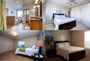 two pictures of a bedroom with two beds and a bathroom at Bryce Country Cabins in Tropic