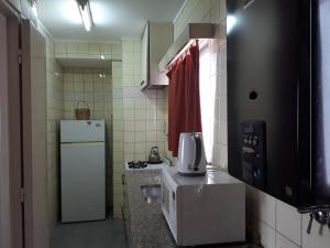 une petite cuisine avec un réfrigérateur et un micro-ondes dans l'établissement Peatonal Sarmiento, à Mendoza