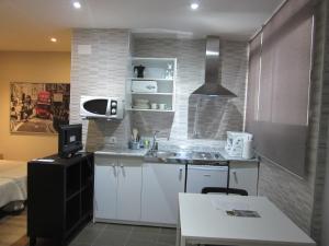 una pequeña cocina con fregadero y microondas en Apartamentos Adressadors, en Valencia