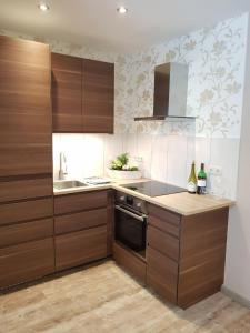 a kitchen with wooden cabinets and a sink at Apartments by Gasthof Bucksande in Apen