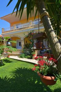 a house with a palm tree and flowers in a yard at Alex Studios & Apartments in Arillas
