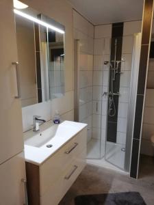 ein Badezimmer mit einem weißen Waschbecken und einer Dusche in der Unterkunft Emmerich`s Ferienwohnung in Frebershausen