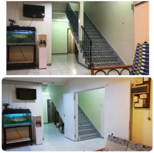 龙运Sri Gate Hotel的两张带楼梯和电视的走廊照片