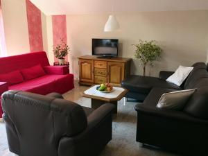 ein Wohnzimmer mit 2 Sofas und einem TV in der Unterkunft Ferienhaus Lupus in Schmalkalden