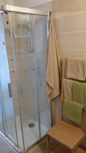 une douche avec une porte en verre à côté d'une chaise en bois dans l'établissement Garnì Fobbie, à Brentonico