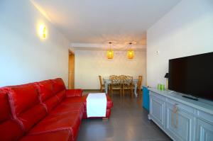ein Wohnzimmer mit einem roten Sofa und einem Flachbild-TV in der Unterkunft PLATJA 32 1º 1ª. in L'Estartit