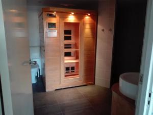 a bathroom with a shower and a sink and a toilet at Desokkeraai - Sauna & Hottub privé appartement in schuur in Kloosterburen