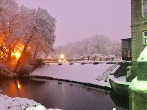 un jardin recouvert de neige à côté d'un étang dans l'établissement Haras des Chartreux, à Estaimbourg