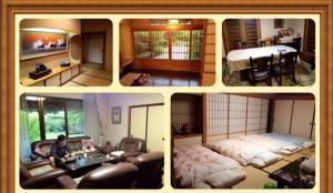 a collage of four pictures of a living room at 富谷緑水庵茶道体験 in Nanakita