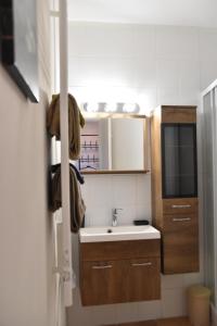 een kleine badkamer met een wastafel en een tv bij Vacances Et Weekends A Ceret in Céret