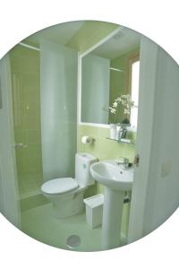 La salle de bains est pourvue de toilettes, d'un lavabo et d'un miroir. dans l'établissement Hostal Nersan, à Madrid