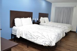 two beds in a room with blue walls at Athena Inn Chattanooga in Chattanooga