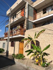 a building with a balcony with a plant in front of it at Casa Alejandra in Antofagasta