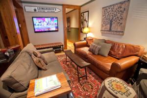 a living room with a leather couch and a tv at Penthouse By The Gondola in Telluride