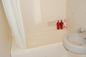 a bathroom with a shower and a toilet and a sink at Minshuku Shizu in Onna