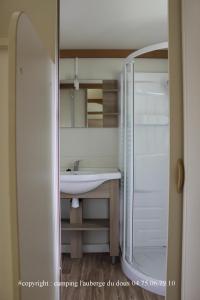 a bathroom with a sink and a mirror at Camping Les Berges Du Doux in Colombier-le-Vieux