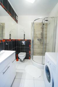 a bathroom with a shower and a toilet and a sink at Charming studio Center of Krakow in Kraków