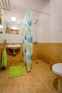 La salle de bains est pourvue d'une douche, d'un lavabo et de toilettes. dans l'établissement Green Orange Apartment, à Bansko