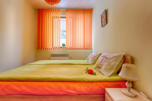 - une chambre avec un grand lit et une fenêtre orange dans l'établissement Green Orange Apartment, à Bansko
